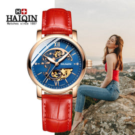 New Automatic Mechanical Waterproof Wristwatch HAIQIN Women Watches Top Brand Luxury Business Ladies Leather Watches reloj mujer