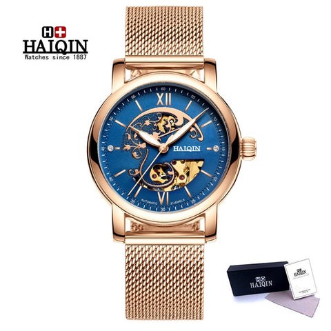 New Automatic Mechanical Waterproof Wristwatch HAIQIN Women Watches Top Brand Luxury Business Ladies Leather Watches reloj mujer