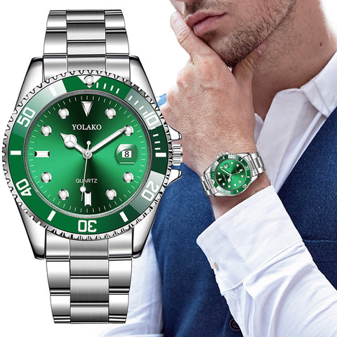 Luxury Rolexable Men Stainless Steel Waterproof Clock Male Quartz Calendar Wristwatches Fashion Green Dial Watch reloj hombre