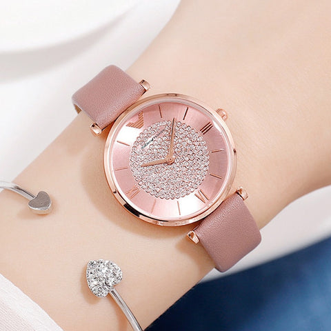 Ladies Casual Watch 2019 Women Pink Leather Strap Quartz Wristwatches Luxury Brand Women's Crystal Fashion Bracelet Clock Gift