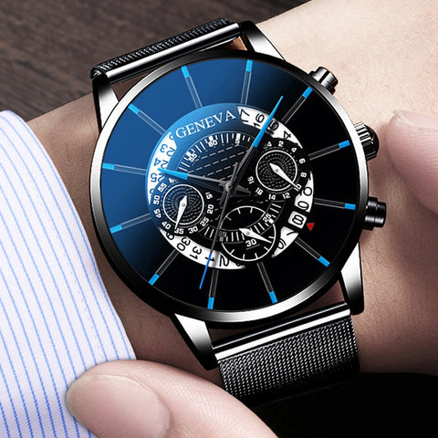 GENEVA Men Watches TOP Brand Luxury Fashion Business Calendar Stainless Steel Quartz Wrist Watch Male Clock relogio masculino