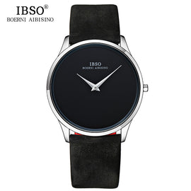 IBSO Men's Quartz Watches 7MM Ultra-thin Dial Genuine Leather Strap Watch Men Simple Black Wristwatch Relogio Masculino