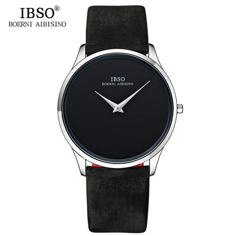 IBSO Men's Quartz Watches 7MM Ultra-thin Dial Genuine Leather Strap Watch Men Simple Black Wristwatch Relogio Masculino