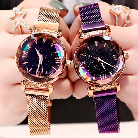 Luxury Women Magnetic Watches Personality Romantic Starry Sky Bracelet Watch Roman Numeral Desgin Quartz Clock Relogio 2019