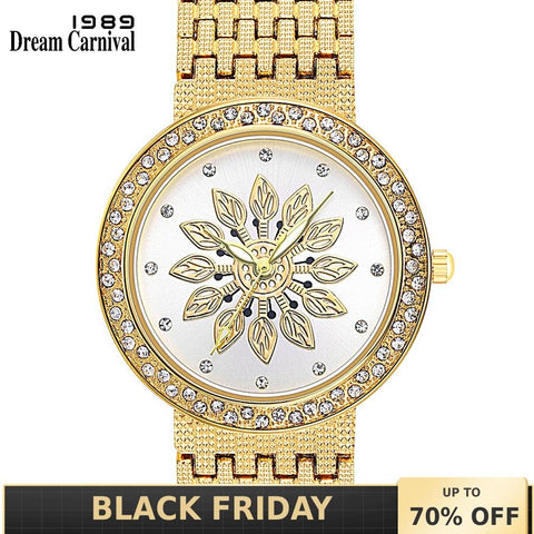 Dreamcarnival 1989 New Quartz Watch for Women Luxury Flower Patten Dial Crystals on Crown Alloy Band IP Rhodium Gold Color A8364