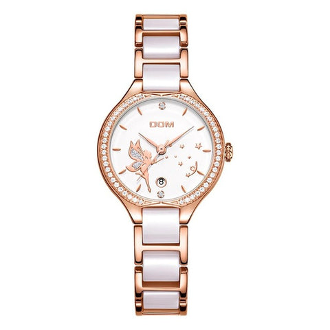 DOM Women Watches Fashion Ceramics Watchband Diamond Wrist Watch Top Luxury Brand Dress Ladies Geneva Quartz Clock G-1271G-7M2