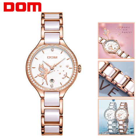 DOM Women Watches Fashion Ceramics Watchband Diamond Wrist Watch Top Luxury Brand Dress Ladies Geneva Quartz Clock G-1271G-7M2