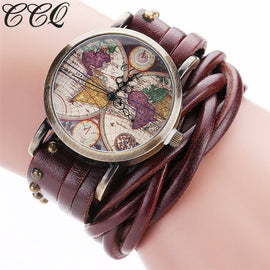 CCQ Brand Fashion Vintage Retro Rivet Braided Genuine Leather World Map Watch Casual Women Quartz Watch Relogio Feminino