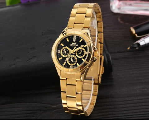 CHENXI Lovers Quartz Watches Women Men Gold WristWatches Top Brand Luxury Female Male Clock IPG Golden Steel Watch