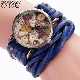 CCQ Brand Fashion Vintage Retro Rivet Braided Genuine Leather World Map Watch Casual Women Quartz Watch Relogio Feminino