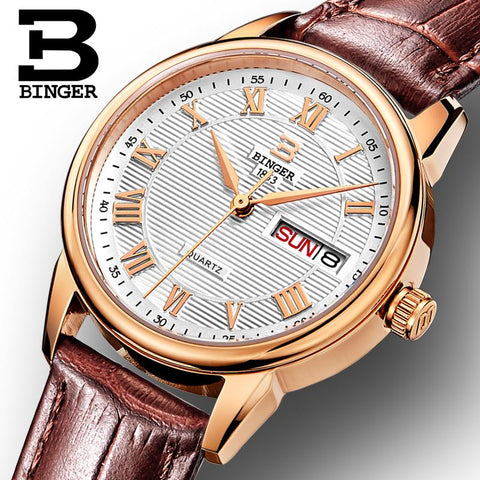 Switzerland Binger Women's watches luxury relogio feminino ultrathin quartz Auto Date leather strap Wristwatches B3037G-2