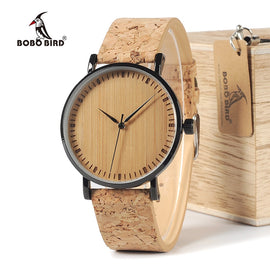 BOBO BIRD WE19 Top Quality Round Watches Bamboo Face with Stainless Steel Case Cork Leather Bands with Gift Box Drop Shipping