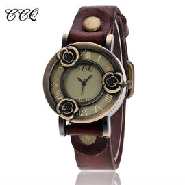 CCQ Brand Vintage Cow Leather Bracelet Women Flower Watch Casual Female Wrist Watches Luxury Quartz Watch Relogio Feminino Hot