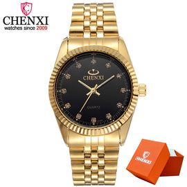 CHENXI Men Fashion Watch Women Quartz Watches Luxury Golden Stainless Steel  Wristwatch Lovers Dress Clock in Box Gift