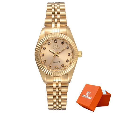 CHENXI Men Fashion Watch Women Quartz Watches Luxury Golden Stainless Steel  Wristwatch Lovers Dress Clock in Box Gift