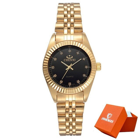 CHENXI Men Fashion Watch Women Quartz Watches Luxury Golden Stainless Steel  Wristwatch Lovers Dress Clock in Box Gift