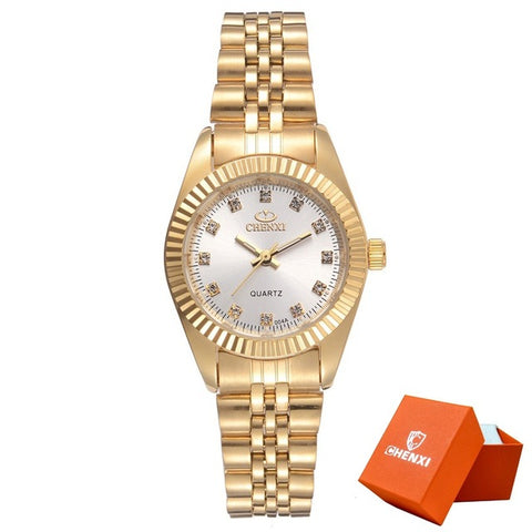 CHENXI Men Fashion Watch Women Quartz Watches Luxury Golden Stainless Steel  Wristwatch Lovers Dress Clock in Box Gift