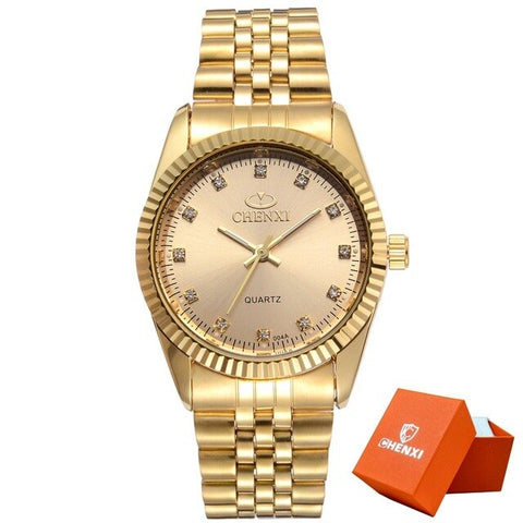 CHENXI Men Fashion Watch Women Quartz Watches Luxury Golden Stainless Steel  Wristwatch Lovers Dress Clock in Box Gift