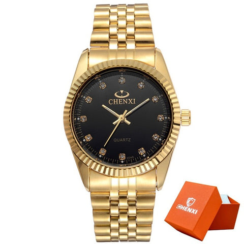 CHENXI Men Fashion Watch Women Quartz Watches Luxury Golden Stainless Steel  Wristwatch Lovers Dress Clock in Box Gift