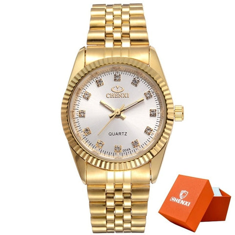 CHENXI Men Fashion Watch Women Quartz Watches Luxury Golden Stainless Steel  Wristwatch Lovers Dress Clock in Box Gift