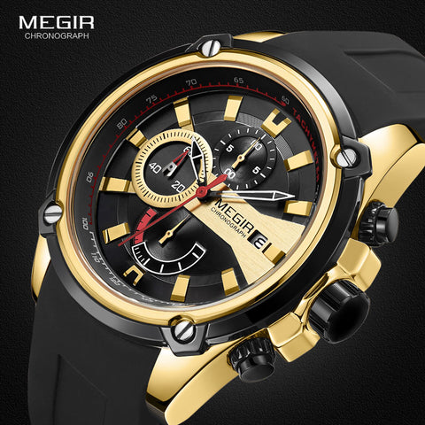 MEGIR Men's Quartz Watches Silicone Strap Leisure Sports Chronograph Wristwatch for Man Clock Relogios Masculino 2086 Gold Black