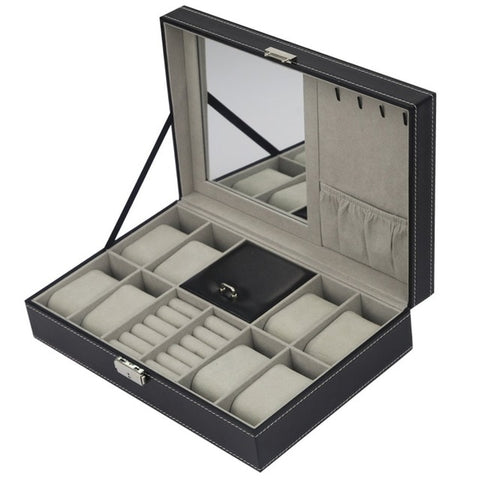 2/6/10/12 Girds Leather/Carbon Fiber Luxury Watch Box Jewelry Storage Box Organizer for Rings Bracelet Display Holder Case