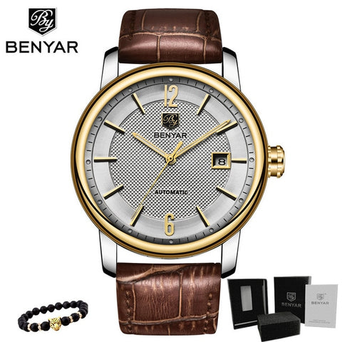 BENYAR New Business Mens Mechanical Watches Waterproof Genuine Leather Brand Luxury Automatic Wristwatch Clock Relogio Masculino