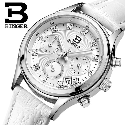 Women's Watches Luxury Brand quartz Switzerland Binger waterproof clock genuine leather strap Chronograph Wristwatches BG6019-W4