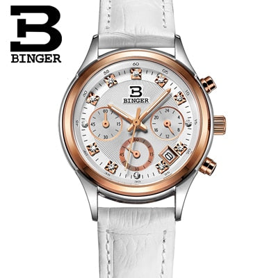 Women's Watches Luxury Brand quartz Switzerland Binger waterproof clock genuine leather strap Chronograph Wristwatches BG6019-W4