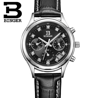 Women's Watches Luxury Brand quartz Switzerland Binger waterproof clock genuine leather strap Chronograph Wristwatches BG6019-W4