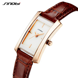 Sinobi Couple Watches Wedding Gift Noble Rose Gold Rectangle Wristwatch Brown Strap Men Women Analog Quartz Lovers Watch Fashion