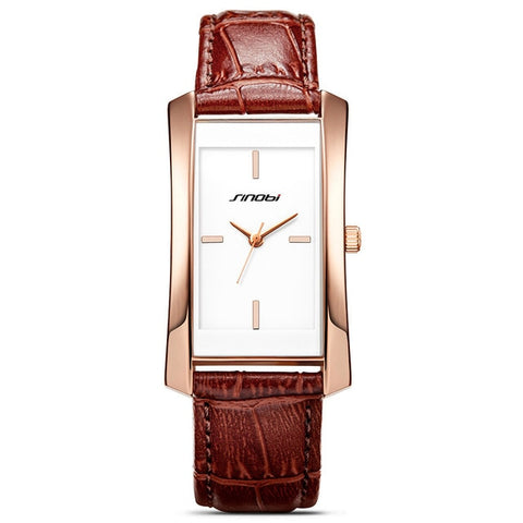 Sinobi Couple Watches Wedding Gift Noble Rose Gold Rectangle Wristwatch Brown Strap Men Women Analog Quartz Lovers Watch Fashion