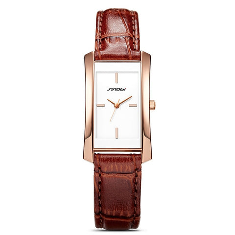 Sinobi Couple Watches Wedding Gift Noble Rose Gold Rectangle Wristwatch Brown Strap Men Women Analog Quartz Lovers Watch Fashion