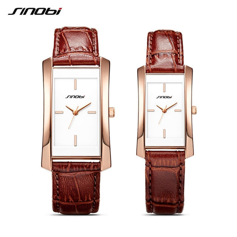 Sinobi Couple Watches Wedding Gift Noble Rose Gold Rectangle Wristwatch Brown Strap Men Women Analog Quartz Lovers Watch Fashion