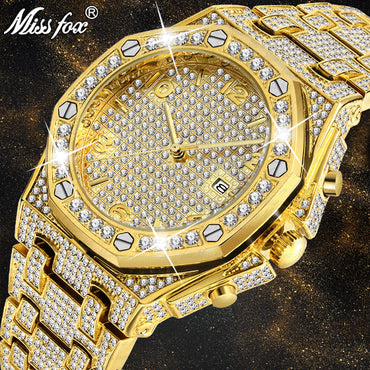 Mens Watches Top Brand Luxury Watch Men Trending Unique FF Arabic Diamond Watch 18k Gold Quartz Iced Out Mens Chronograph Watch