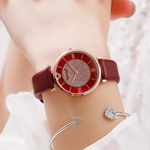 Ladies Casual Watch 2019 Women Pink Leather Strap Quartz Wristwatches Luxury Brand Women's Crystal Fashion Bracelet Clock Gift