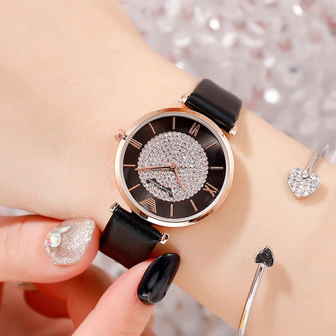 Ladies Casual Watch 2019 Women Pink Leather Strap Quartz Wristwatches Luxury Brand Women's Crystal Fashion Bracelet Clock Gift